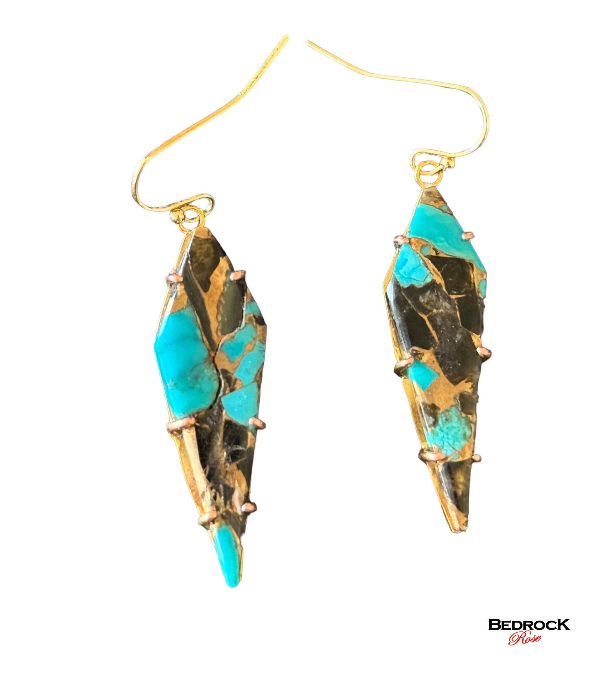 Gold Prong Set Turquoise Trapezoid Dangling Earrings, Bronze, Onyx, Abelone gemstone, Dangling Earrings, December birthstone, Statement earrings, Gift for Her