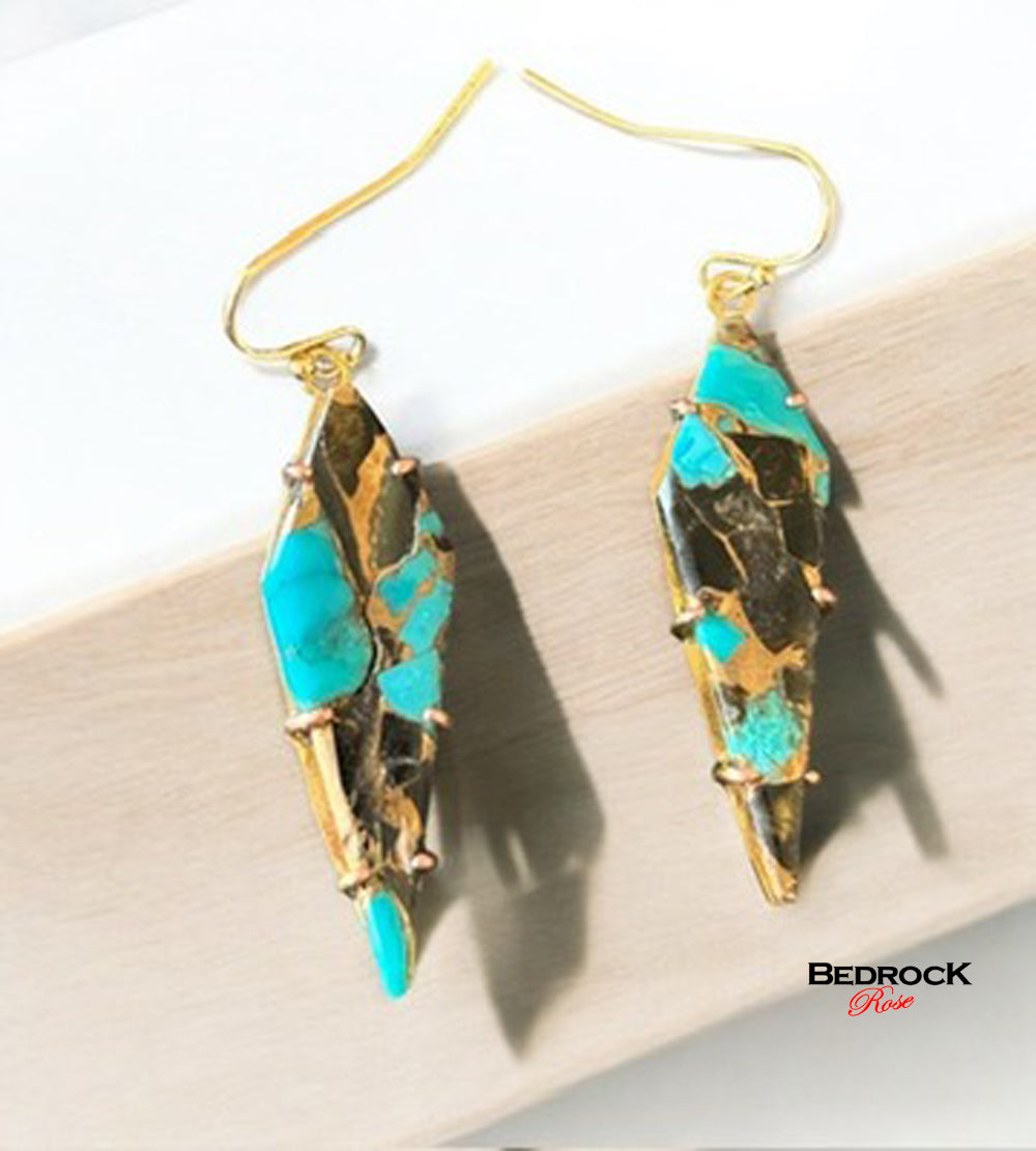 Gold Prong Set Turquoise Trapezoid Dangling Earrings, Bronze, Onyx, Abelone gemstone, Dangling Earrings, December birthstone, Statement earrings, Gift for Her