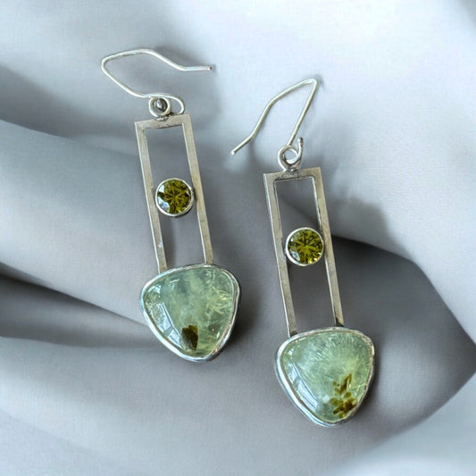 Prehnite and Peridot Gemstone Dangling Earrings, Enhanced communication prehnite gemstone, sterling silver earrings, gift for her, chic design