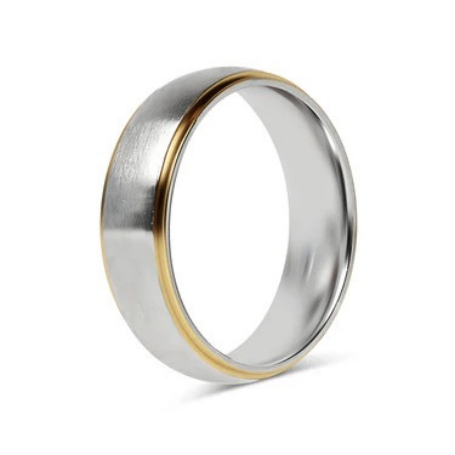 7mm silver and gold two-tone stainless steel ring with a brushed silver center and polished gold edges.