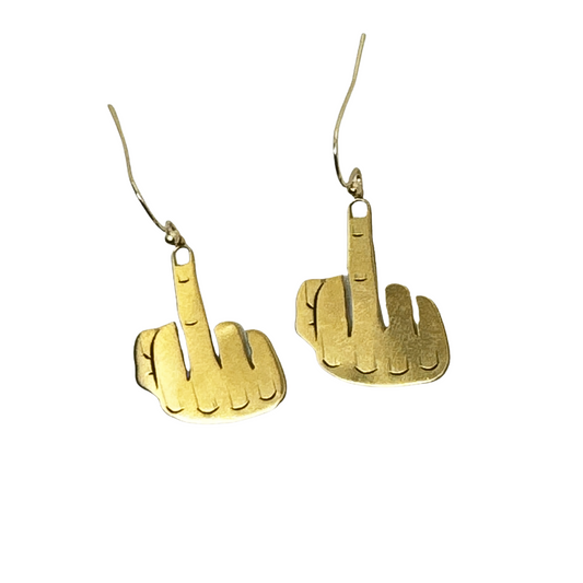 Edgy gold middle finger dangling earrings, 24k gold-plated precision laser cut, jewelry with attitude, flipping the bird earrings, birthday gift, bachelorette jewelry, breakup jewelry, screw jewelry