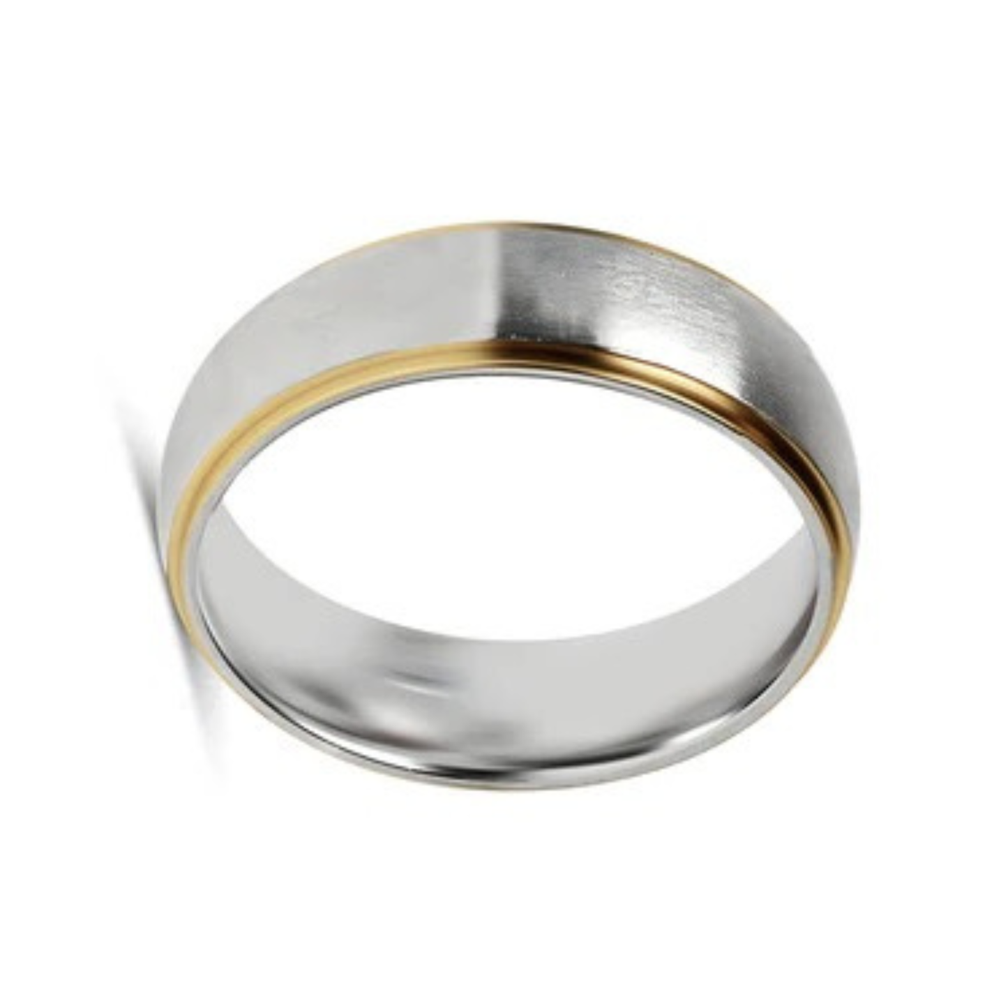 7mm silver and gold two-tone stainless steel ring with a brushed silver center and polished gold edges.