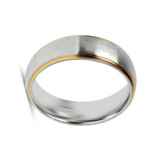 7mm silver and gold two-tone stainless steel ring with a brushed silver center and polished gold edges.