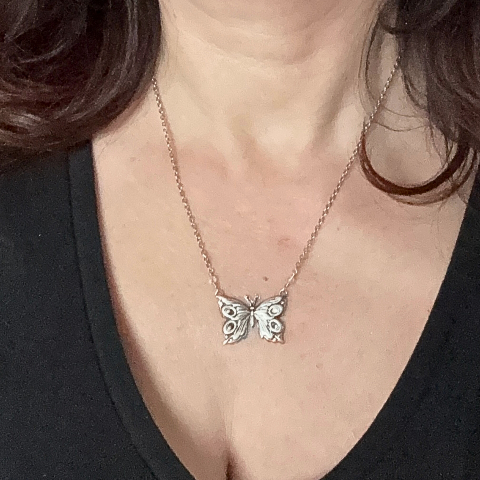 Beautiful Fine Silver Butterfly Pendant Necklace, Nature-Inspired Jewelry up close on model