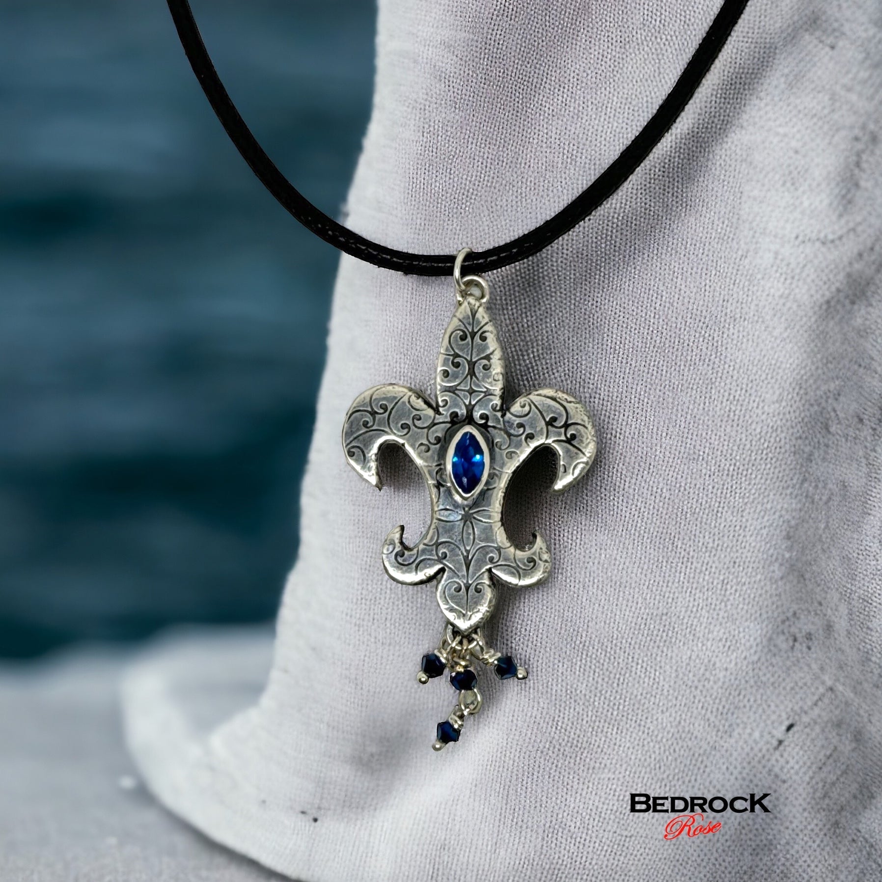 Sterling Silver Fleur-De-Lis Pendant with Marquis Blue Gemstone, Silver Mardi Gras Necklace, New Orleans Mardi Gras jewelry, Handcrafted Fleur-De-Lis Pendant