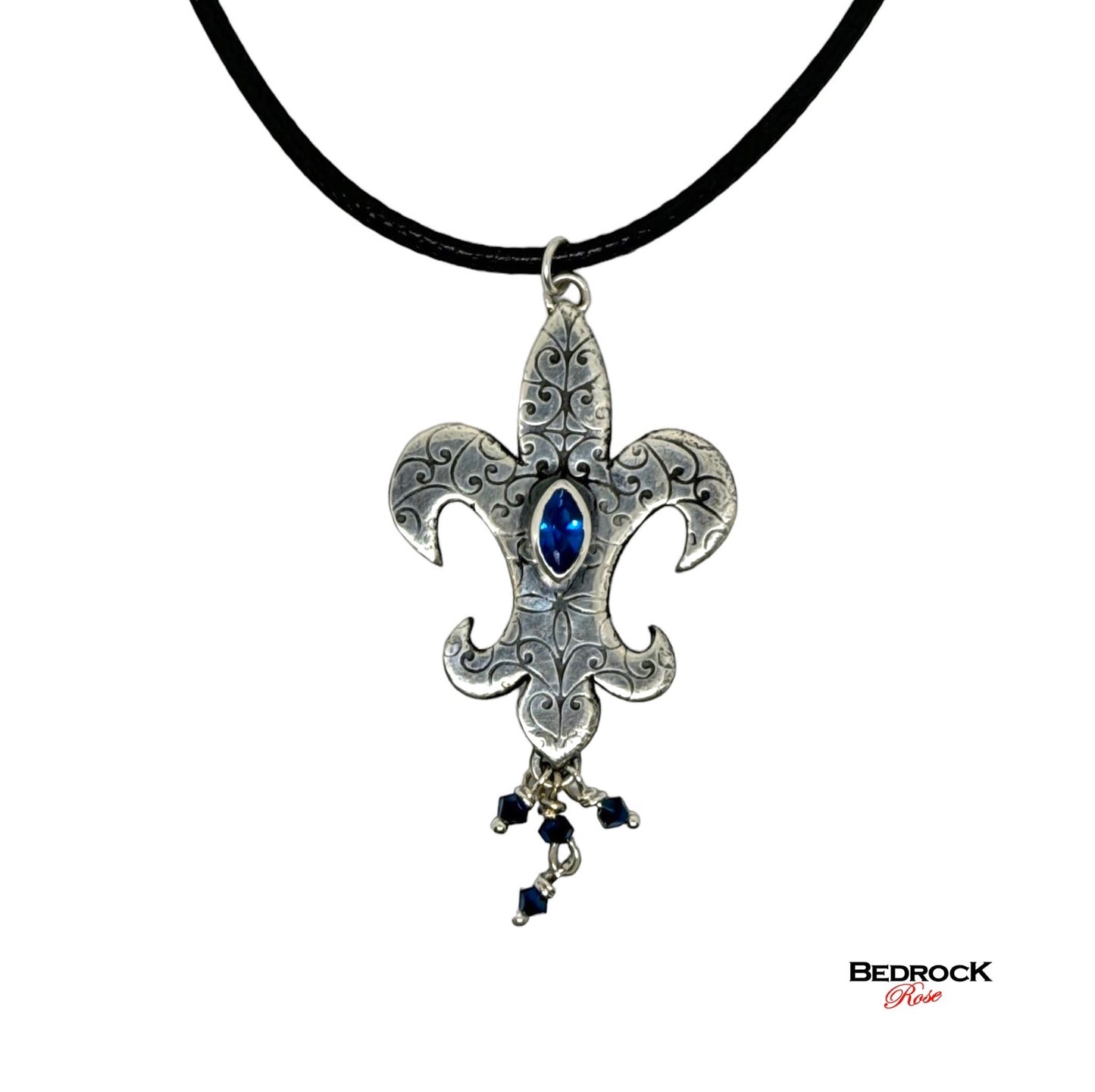 Sterling Silver Fleur-De-Lis Pendant with Marquis Blue Gemstone, Silver Mardi Gras Necklace, New Orleans Mardi Gras jewelry, Handcrafted Fleur-De-Lis Pendant