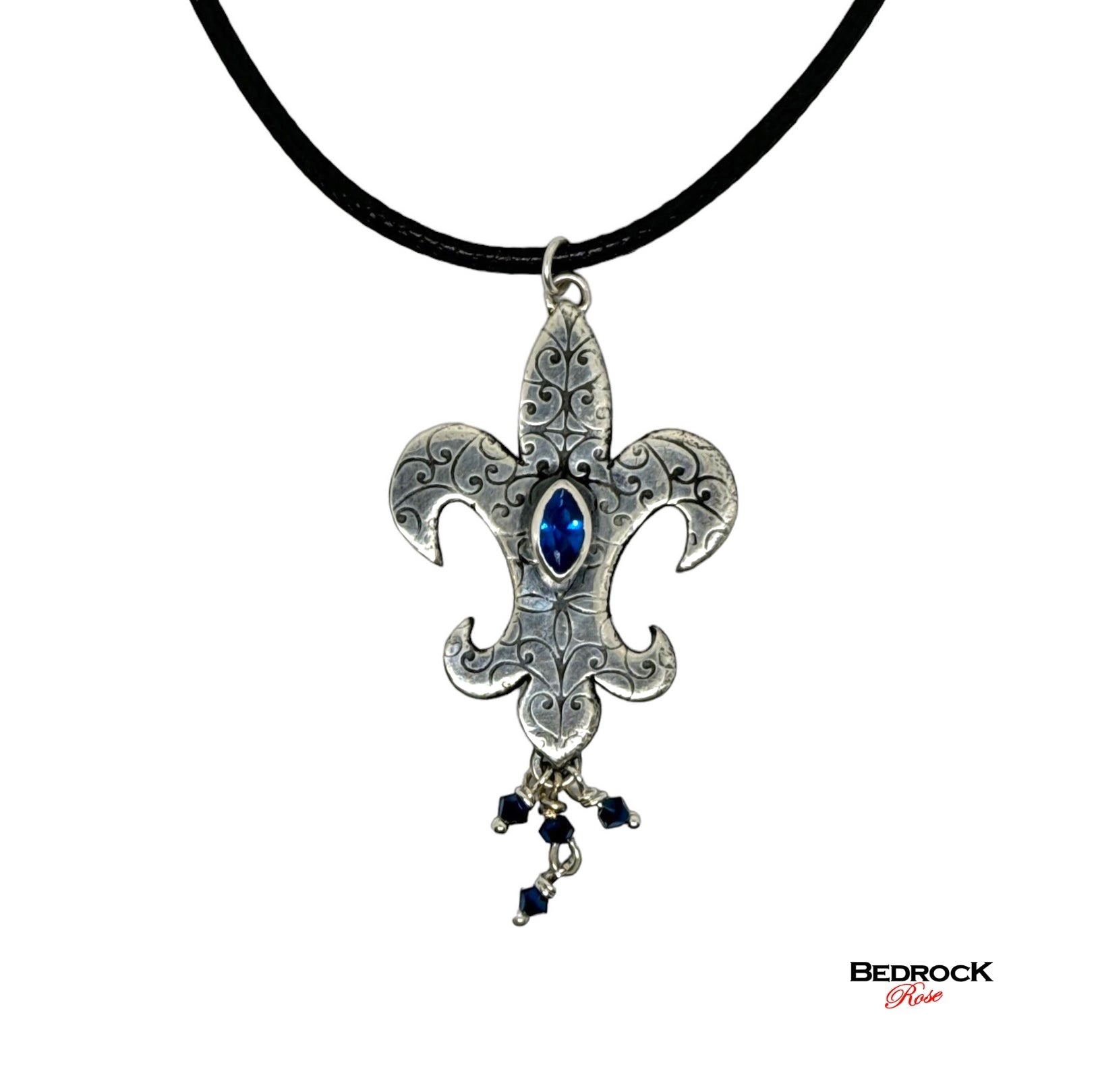 Sterling Silver Fleur-De-Lis Pendant with Marquis Blue Gemstone, Silver Mardi Gras Necklace, New Orleans Mardi Gras jewelry, Handcrafted Fleur-De-Lis Pendant