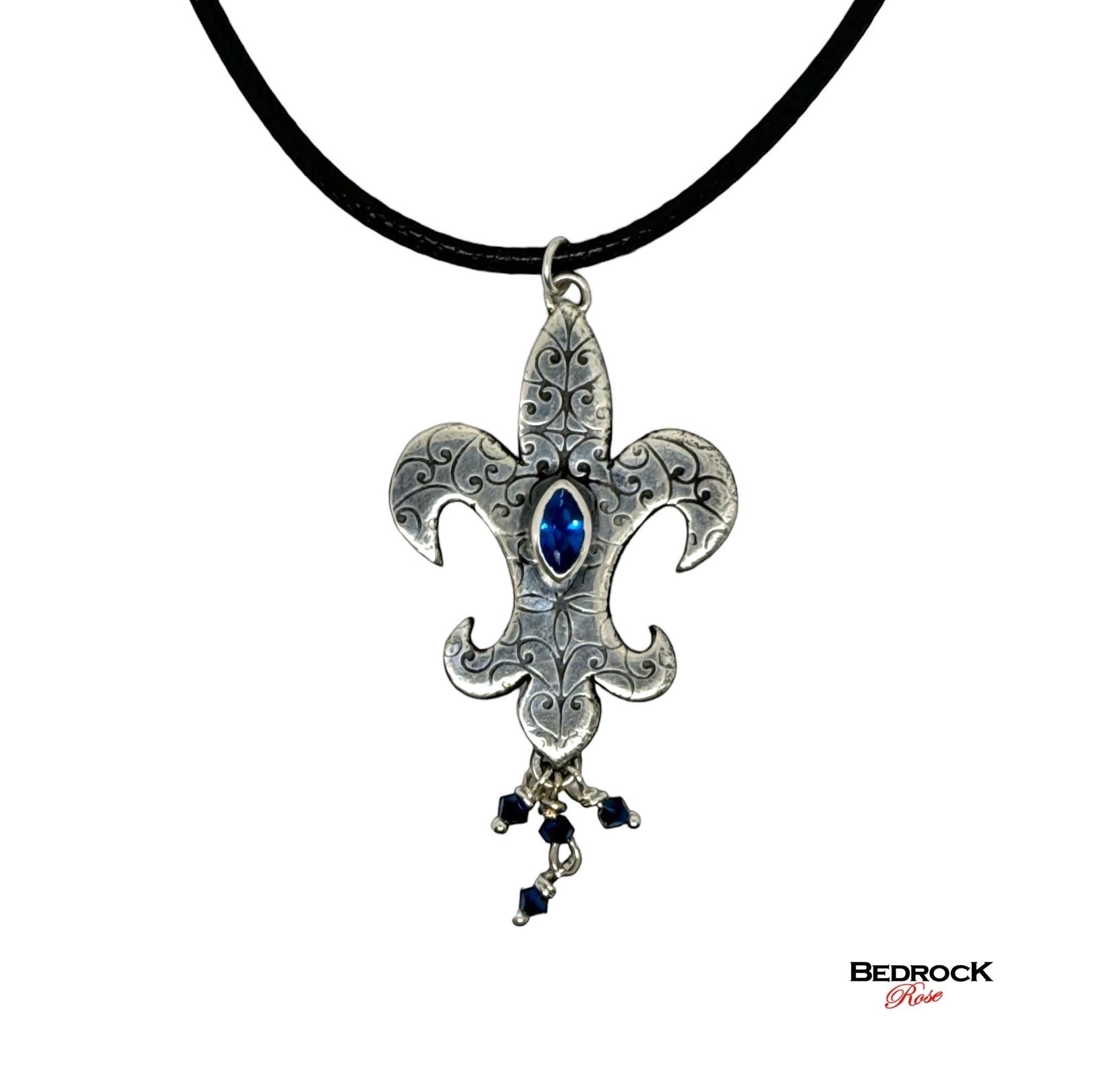 Sterling Silver Fleur-De-Lis Pendant with Marquis Blue Gemstone, Silver Mardi Gras Necklace, New Orleans Mardi Gras jewelry, Handcrafted Fleur-De-Lis Pendant