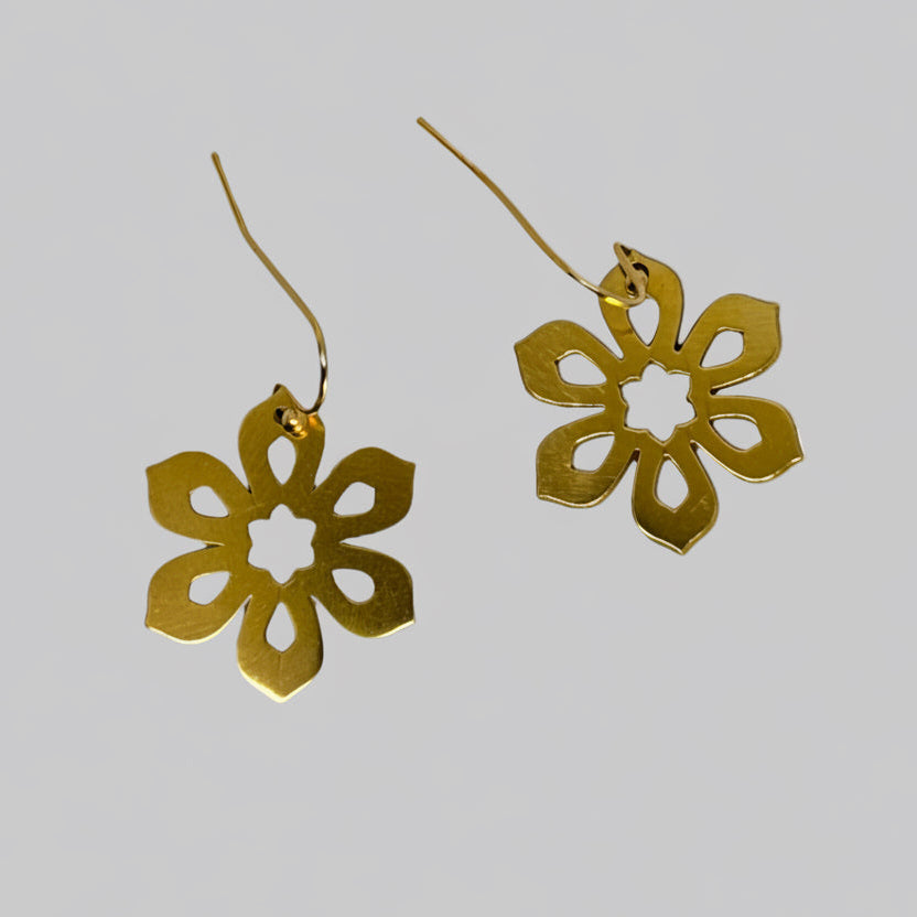Gold Art Deco Flower Dangling Earrings, 24k gold-plated brass, precision laser design, modern chic jewelry, gift for her, geometric design
