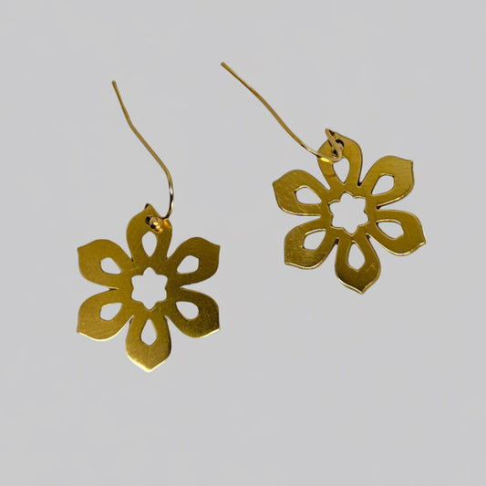 Gold Art Deco Flower Dangling Earrings, 24k gold-plated brass, precision laser design, modern chic jewelry, gift for her, geometric design