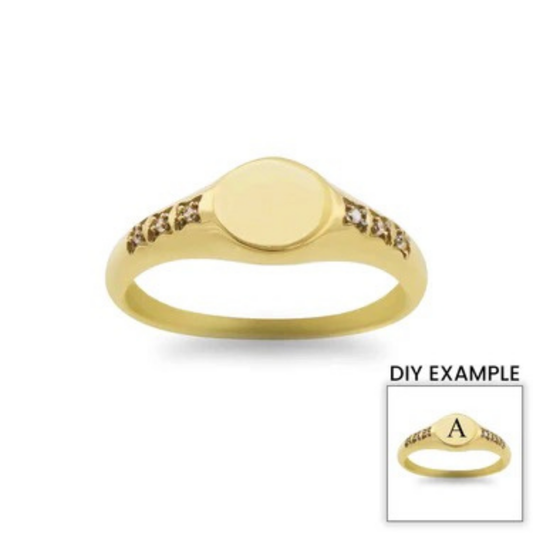 Gold signet oval crystal-lined ring for personalization, engraved vacuum-plated stainless steel ring, gift for her
