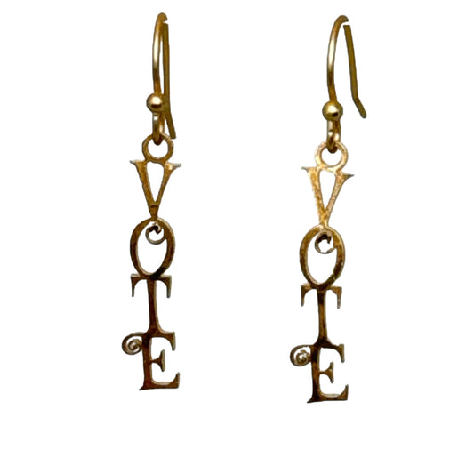 Gold Vote Dangling Earrings Laser Cut, Democracy Earrings, Scroll Font, Election Earrings