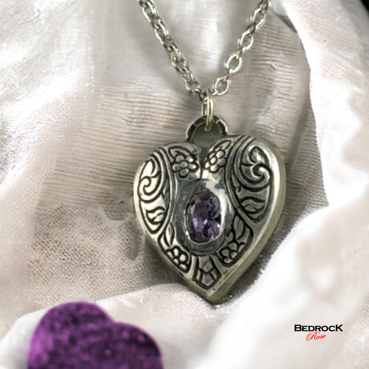 Silver Heart Pendant, Locket-style heart pendant, Silver heart Amethyst Necklace, Valentines Gift, Gift for Her, Heirloom quality heart pendant