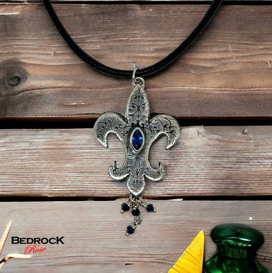 Sterling Silver Fleur-De-Lis Pendant with Marquis Blue Gemstone, Silver Mardi Gras Necklace, New Orleans Mardi Gras jewelry, Handcrafted Fleur-De-Lis Pendant