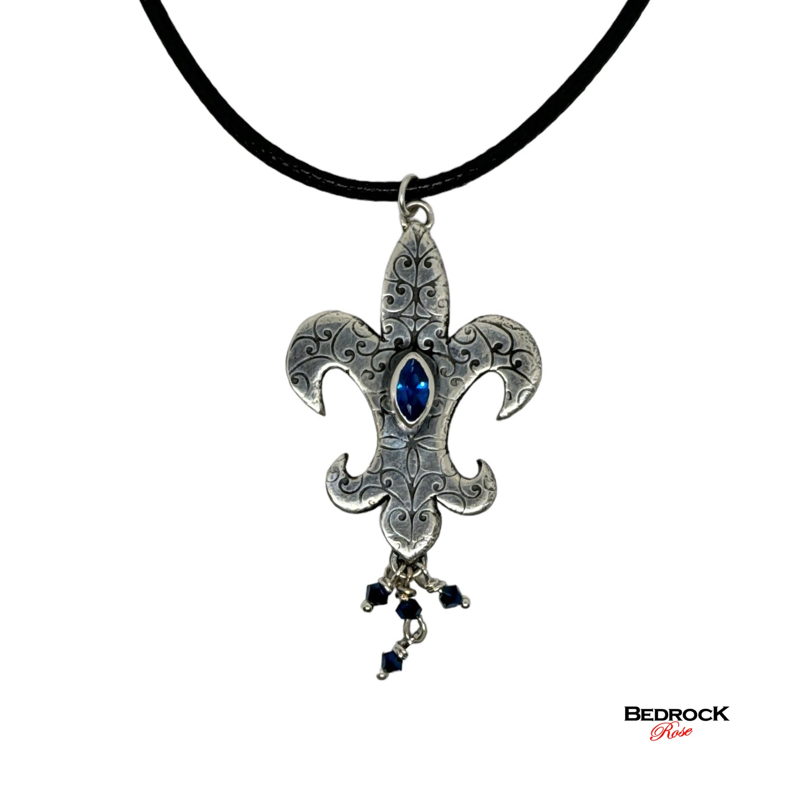 Sterling Silver Fleur-De-Lis Pendant with Marquis Blue Gemstone, Silver Mardi Gras Necklace, New Orleans Mardi Gras jewelry, Handcrafted Fleur-De-Lis Pendant