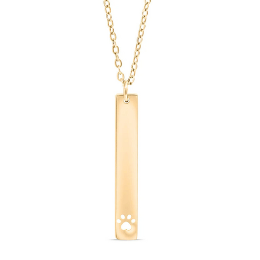 gold engravable vertical bar necklace, personalized jewelry, paw print, animal lover necklace, gift for cat lover, dog lover