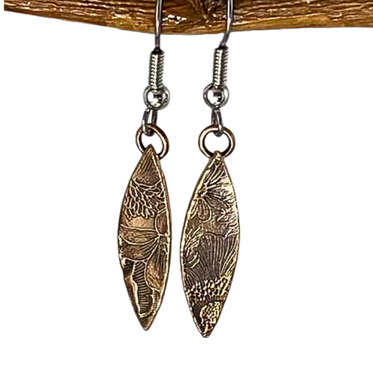 Petite Warm Rose Bronze Floral Earrings, Pointed oval flower dangling earrings