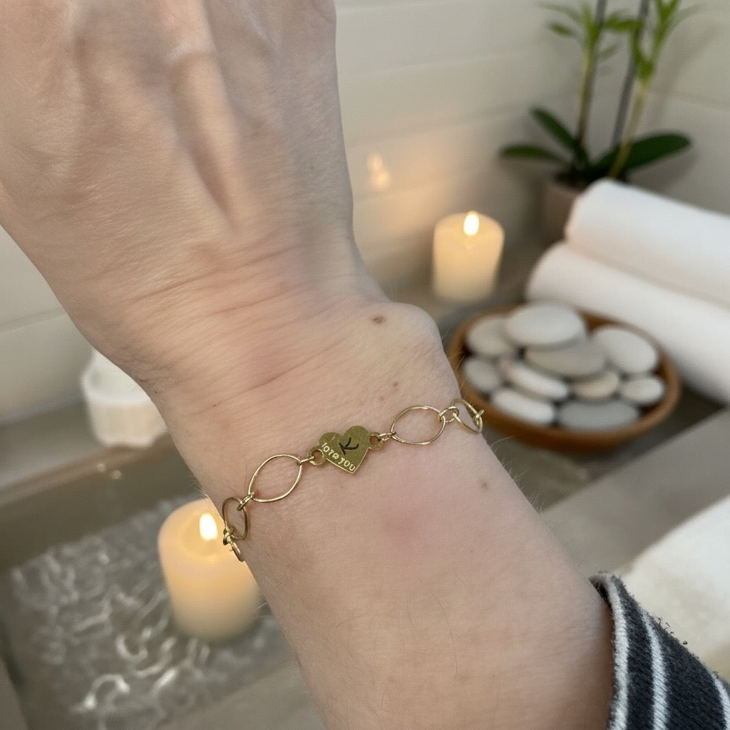 Gold Love You heart charm on bracelet