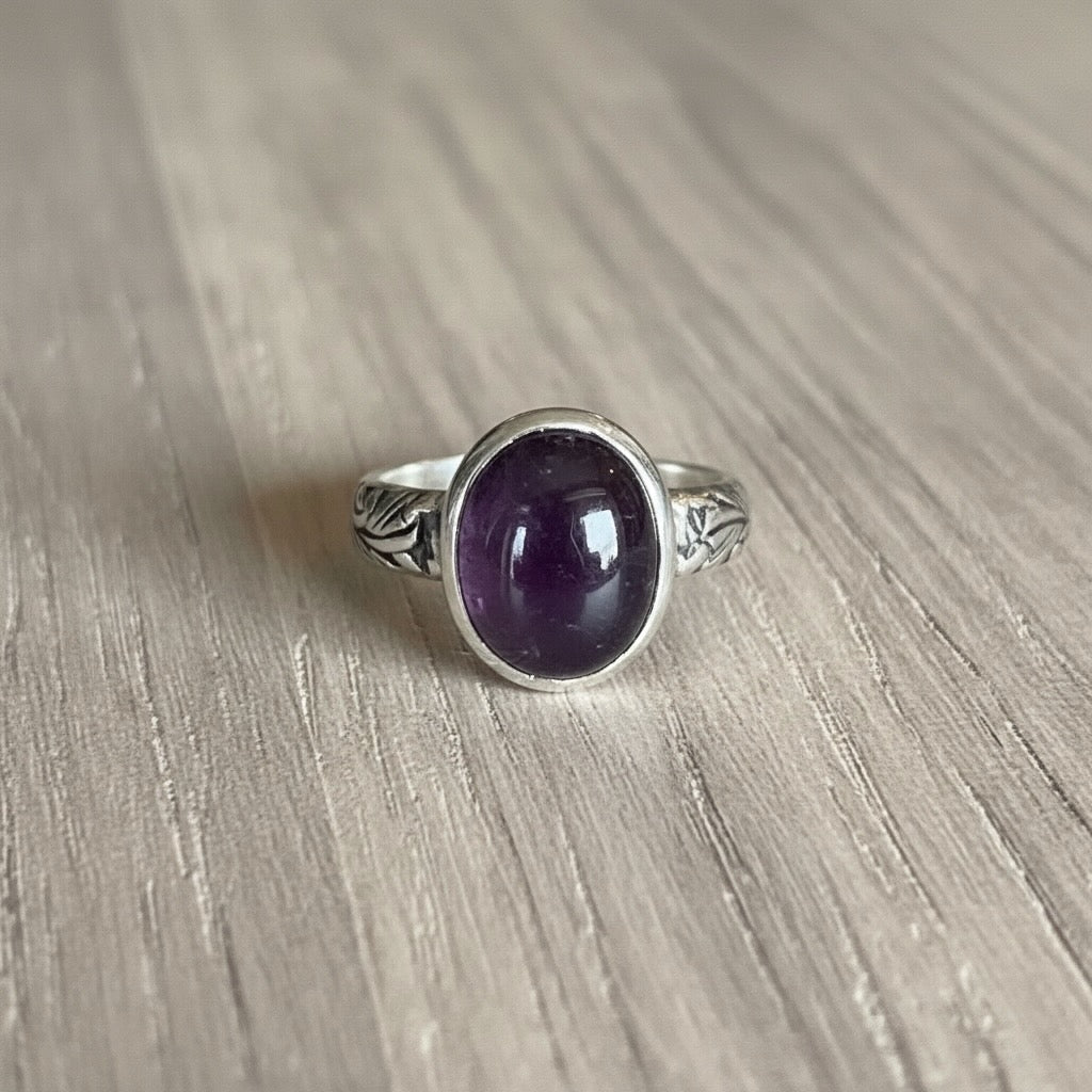 Amethyst ring with floral band, solitaire ring, gift for her, statement ring
