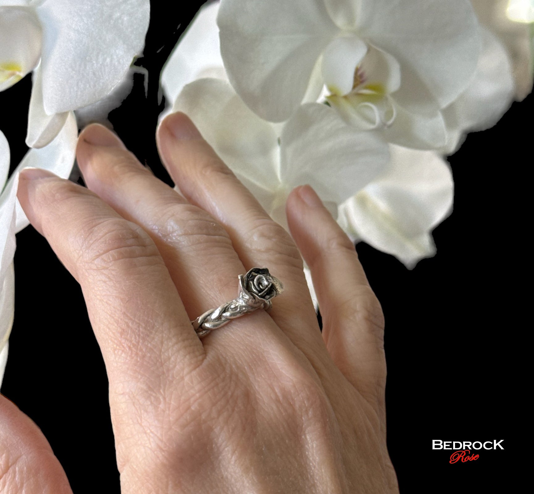 Fine Silver Rose Ring Bedrock Rose, Braided band with hand-sculpted Rosebud 