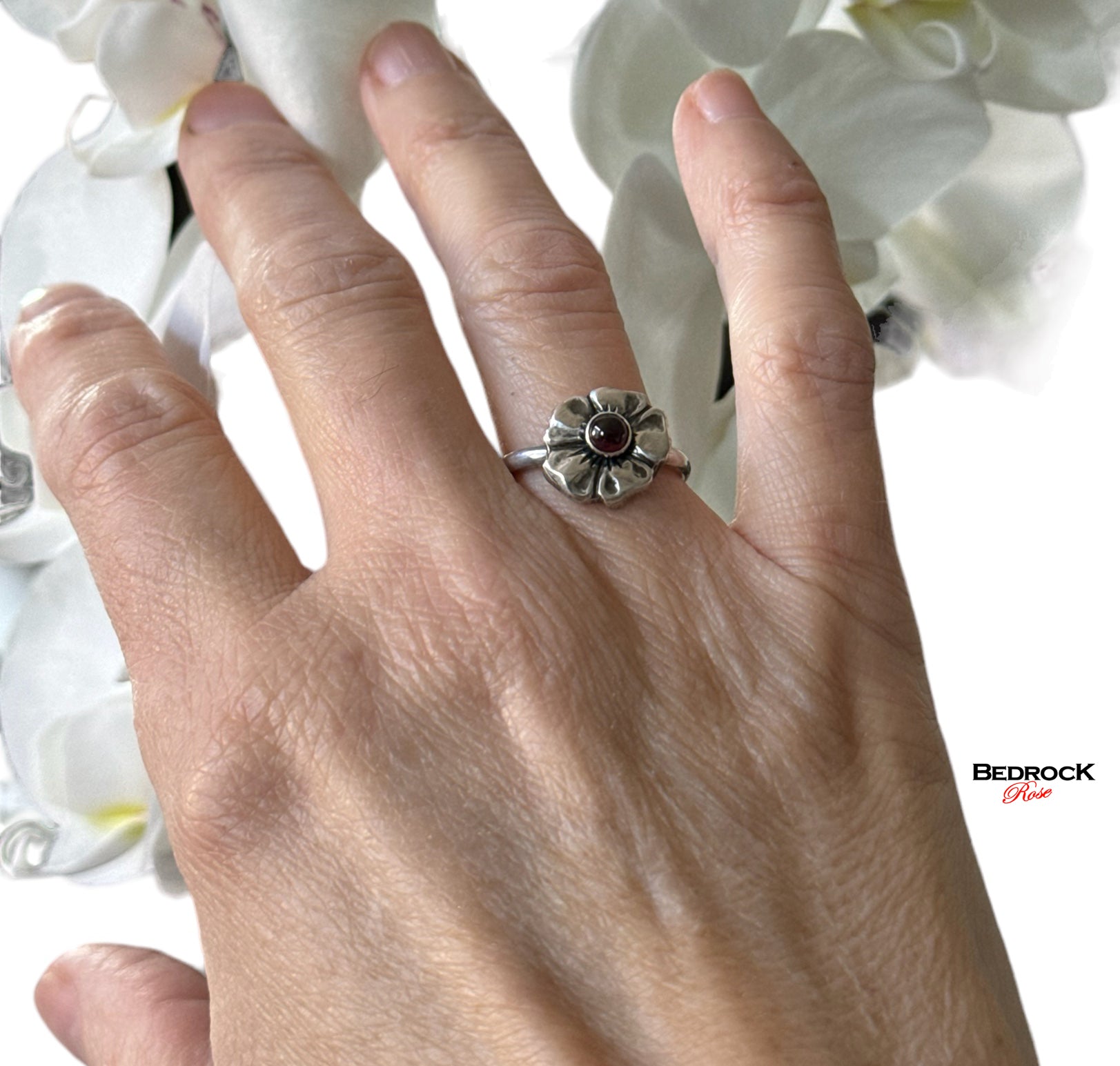 Sterling Silver Cherry Blossom Ring, Garnet Gemstone Floral Ring, Dainty Cherry Blossom Sterling Silver Ring, Gift for Her, January Birthstone Ring, 