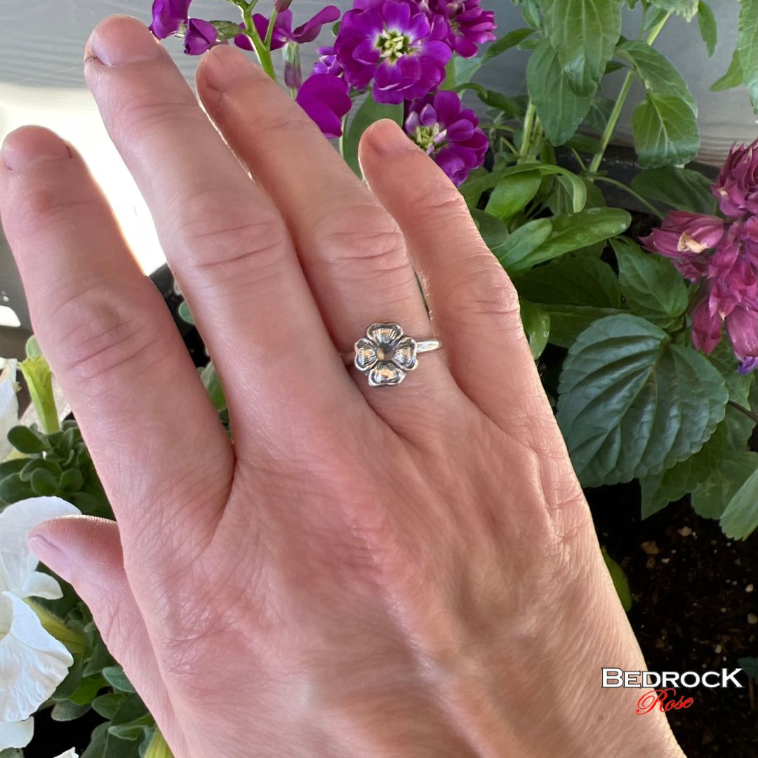Sterling Silver Primrose Blossom Ring, Four Petal Ring, Dainty Flower Ring