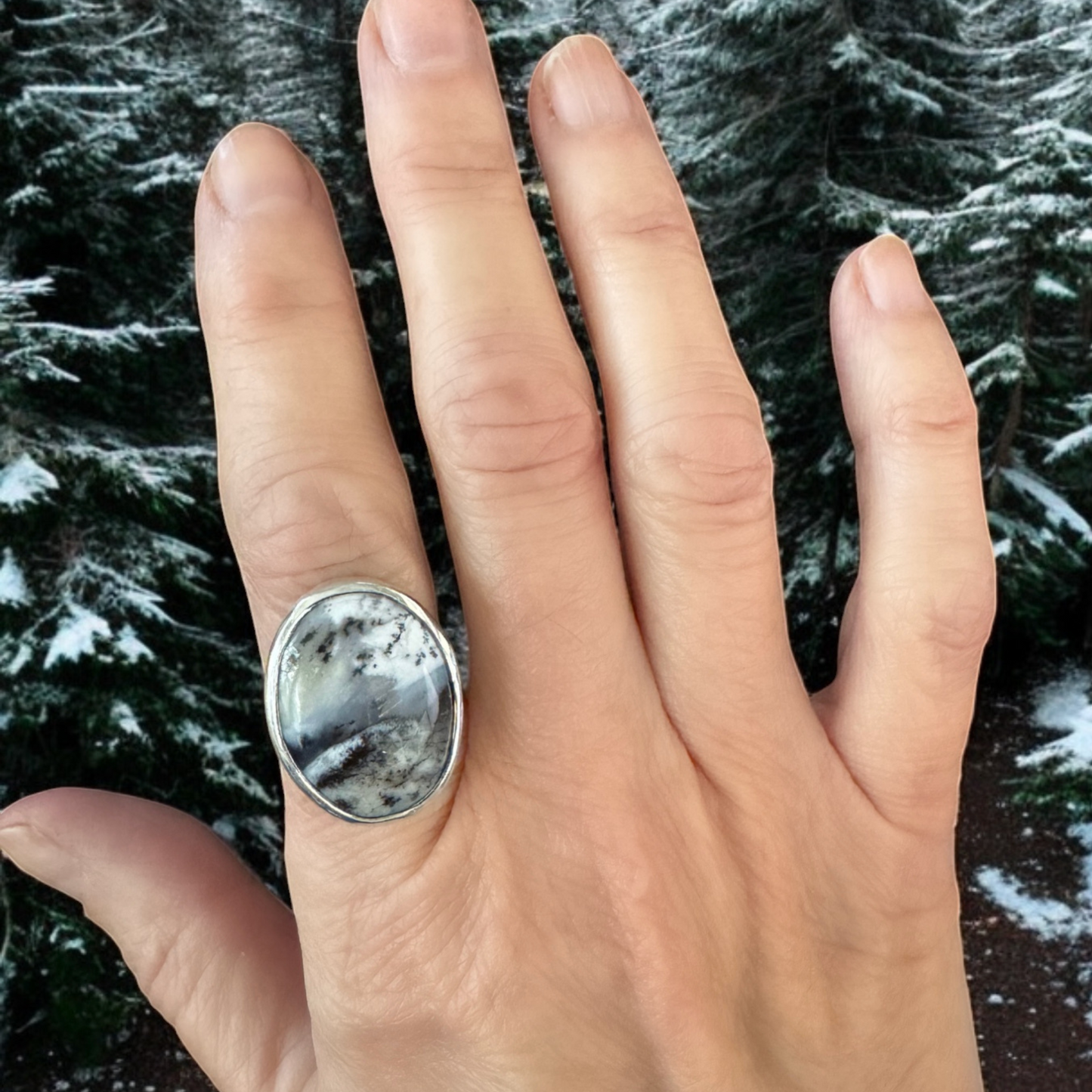 Merlinite Gemstone ring, Winter scene gemstone, sterling silver, gift for her, statement ring