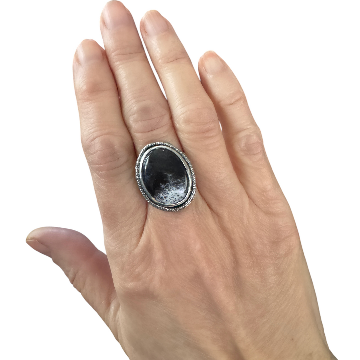 Merlinite Ring, Black & White Gemstone, Dendritic Agate set in sterling silver, yin and yang, intuition stone, gift for her