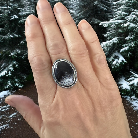 Merlinite Ring, Black & White Gemstone, Dendritic Agate set in sterling silver, yin and yang, intuition stone, gift for her