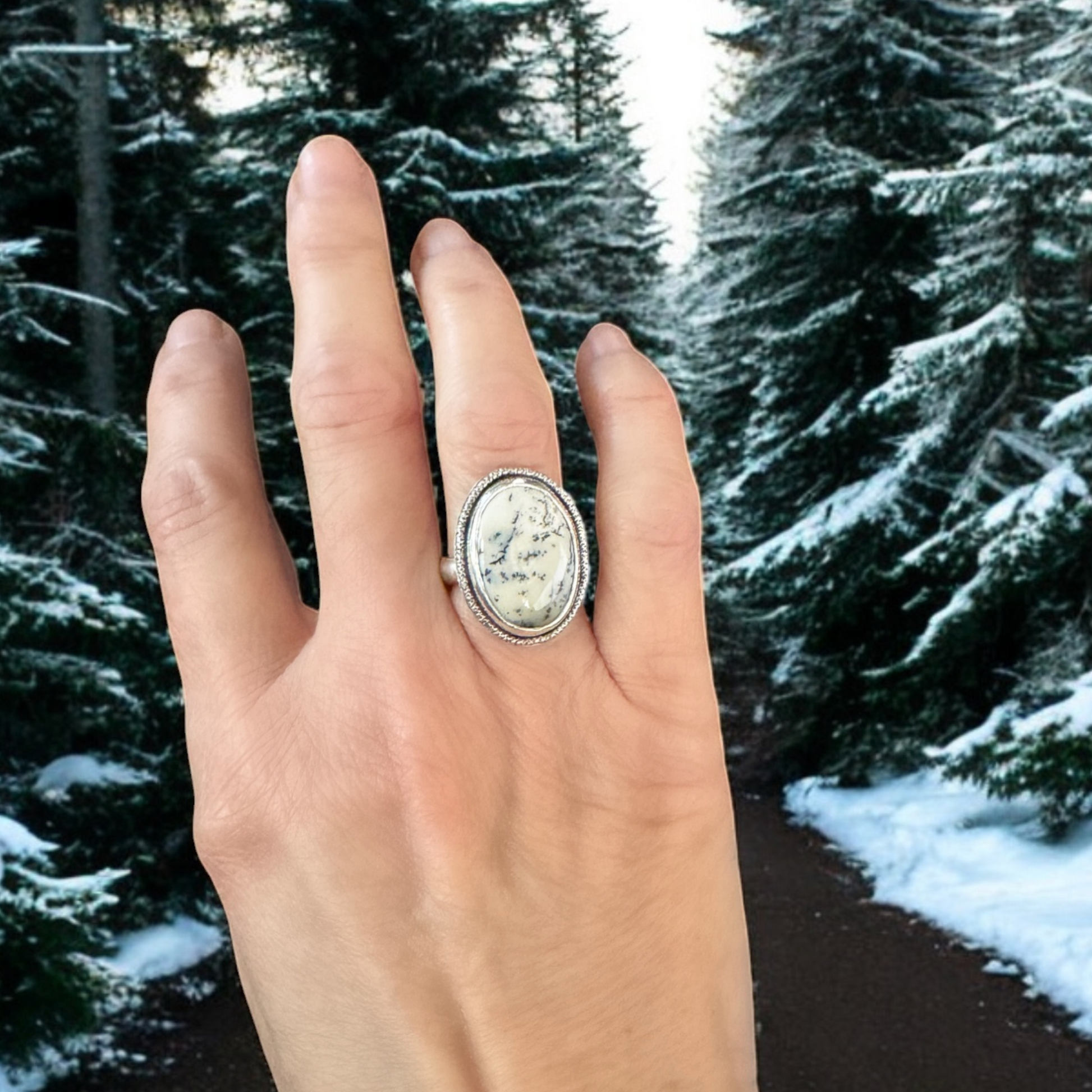 Dendritic agate, merlinite gemstone statement ring, white with black dendrites set in sterling silver, gift for her, statement ring