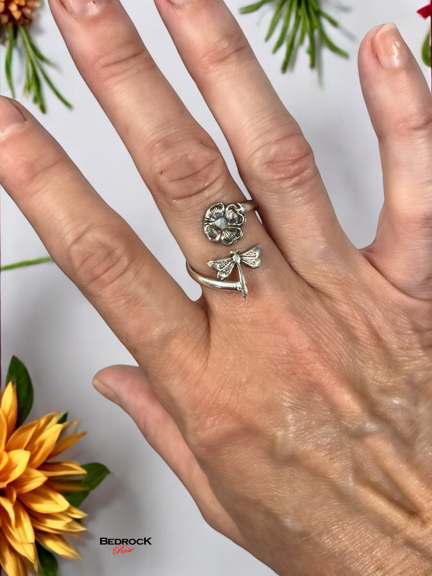 Silver Wraparound Ring with Dragonfly about to Land on Flower Blossom, Summer Botanical Jewelry, Gift for Her, Nature-inspired Ring