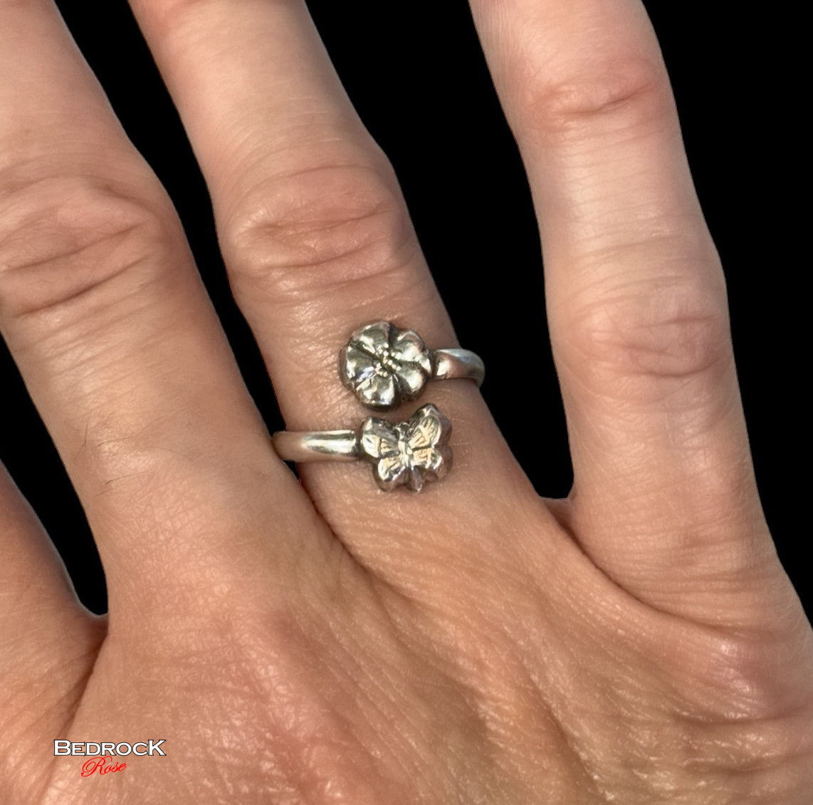 Sterling Silver mini butterfly about to land on small flower wraparound ring, nature inspired ring, summer jewelry, birthday gift