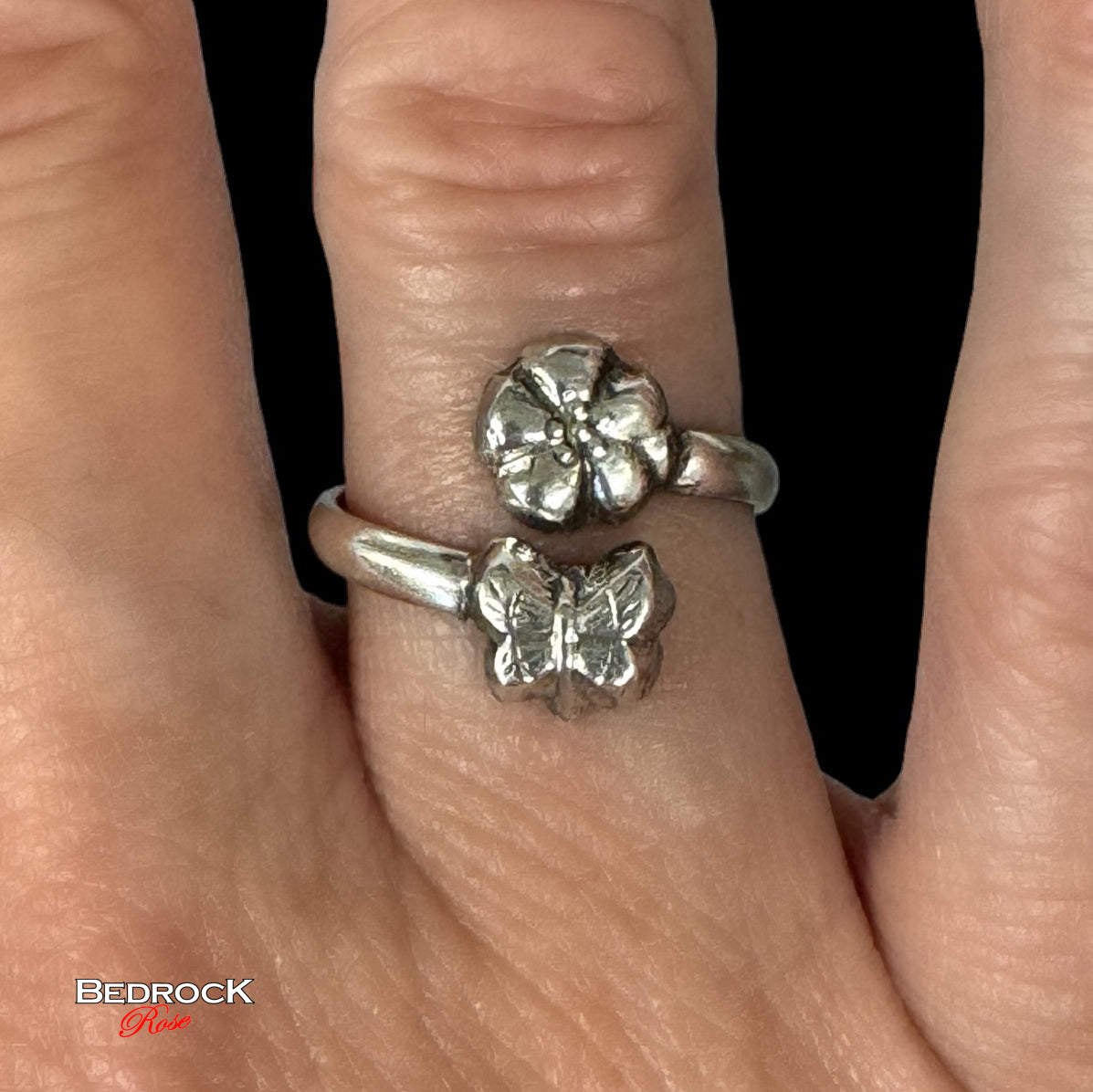 Sterling Silver mini butterfly about to land on small flower wraparound ring, nature inspired ring, summer jewelry, birthday gift