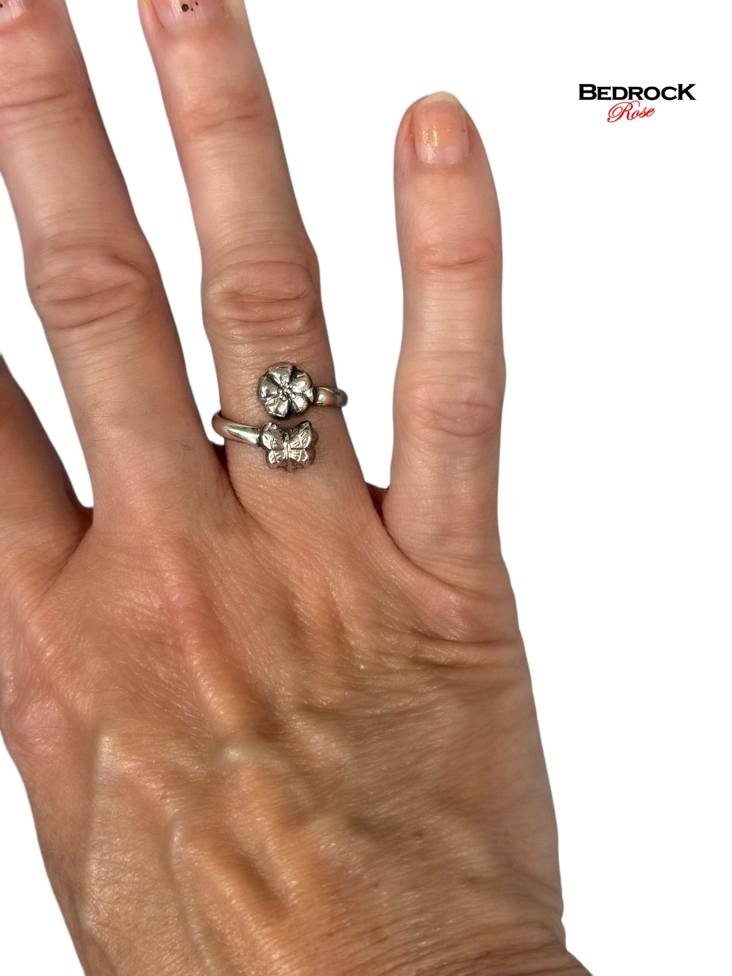 Sterling Silver mini butterfly about to land on small flower wraparound ring, nature inspired ring, summer jewelry, birthday gift