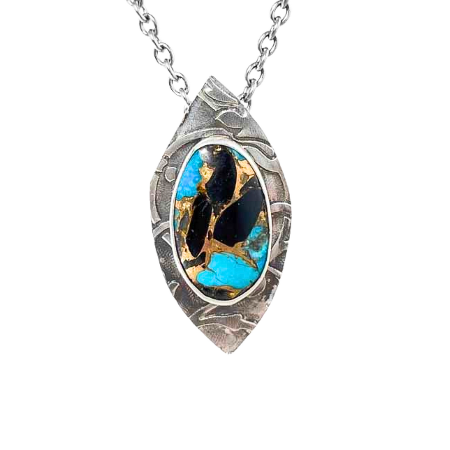 Vibrant Kingman Turquoise, Onyx, and Bronze Pendant Bedrock Rose