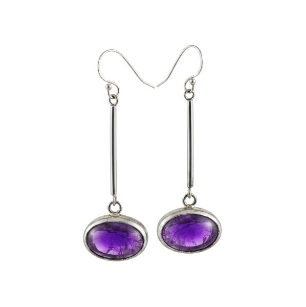 Bedrock Rose oval amethyst drop earrings with open-back sterling silver settings and polished bar dangles.