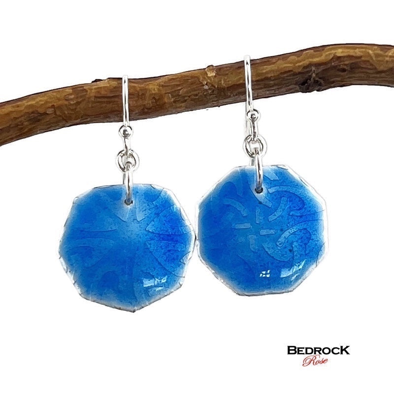 Bedrock Rose baby blue silver octagon dangling earrings with hypoallergenic surgical steel ear wires.
