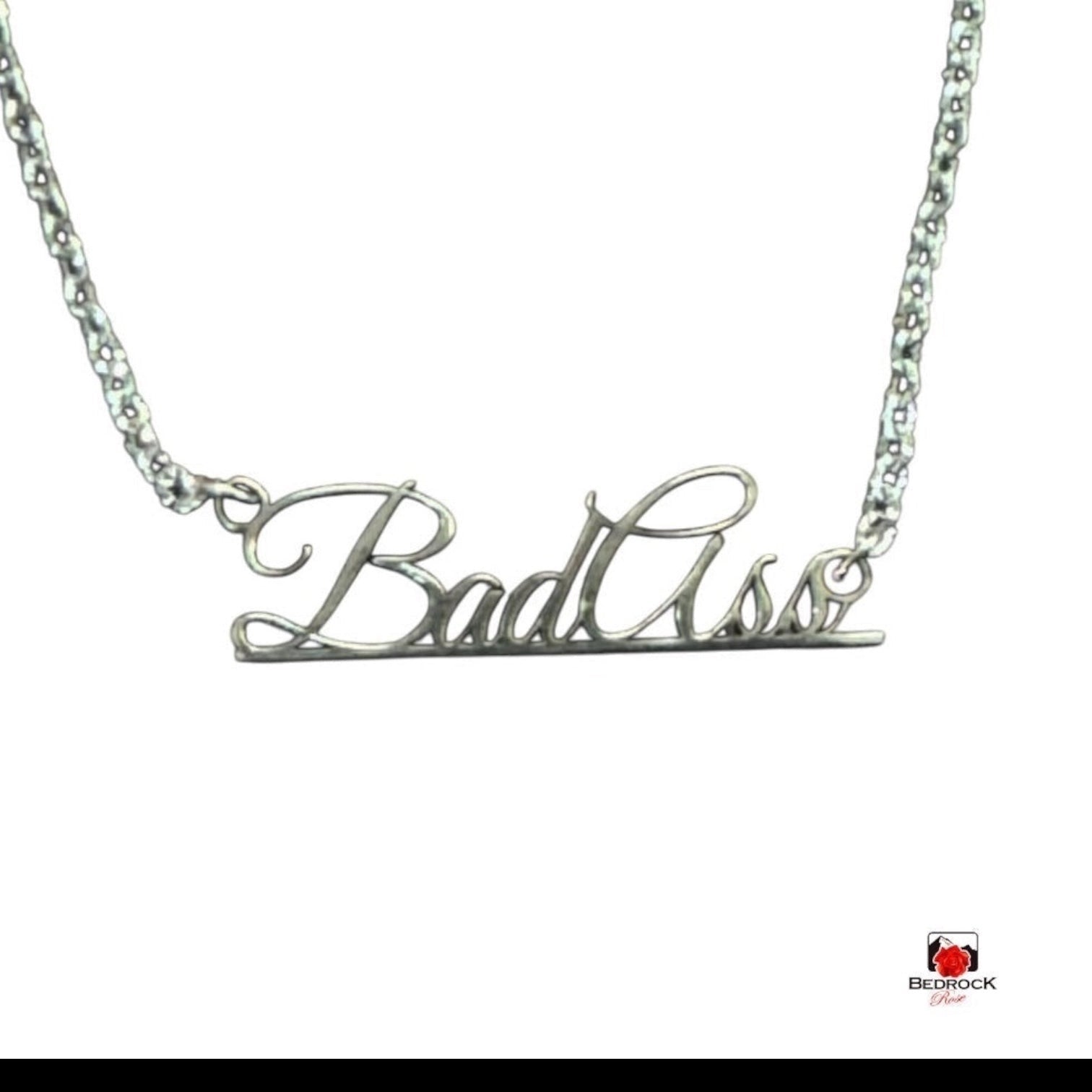 Bedrock Rose sterling silver Bad Ass script pendant necklace on a 16-inch stainless steel chain