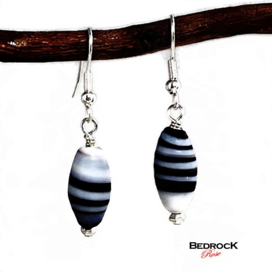 Black and white swirl glass beads dangling earrings