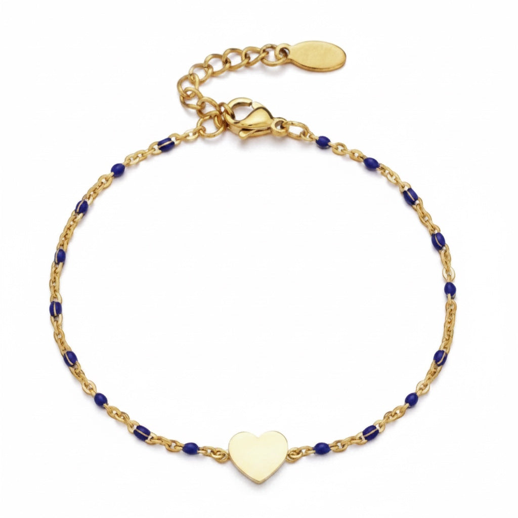 Bedrock Rose gold-tone stainless steel cable chain bracelet with blue beads and a central heart charm.