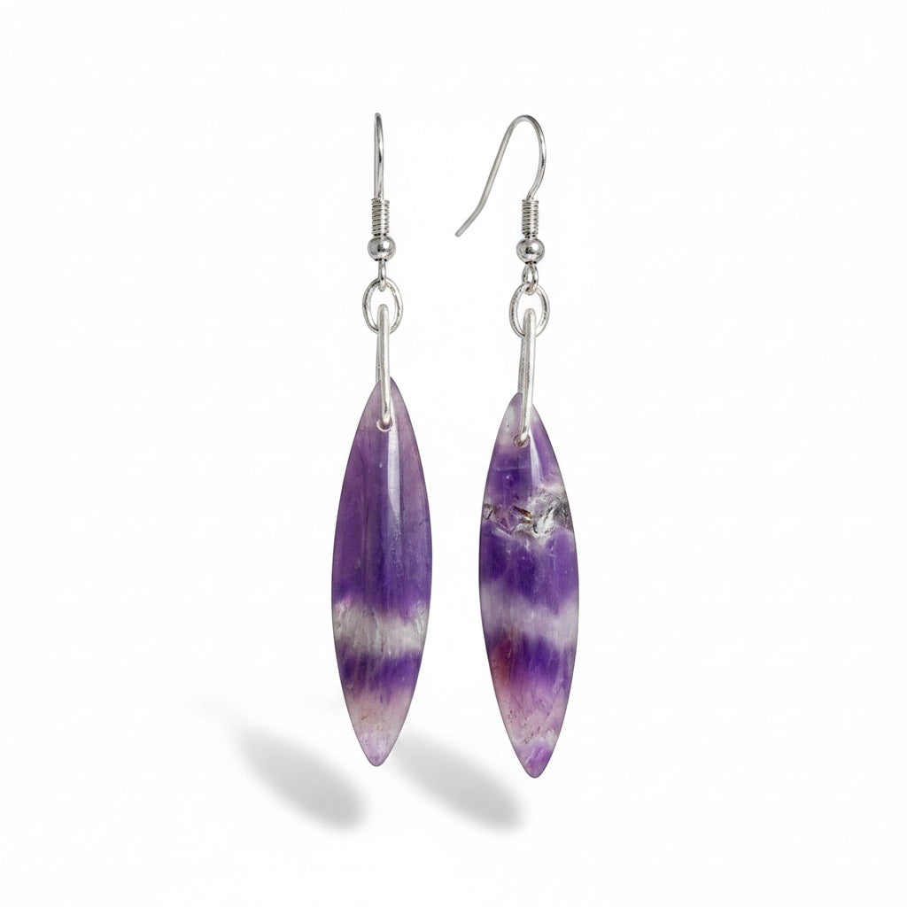 Bedrock Rose Chevron Amethyst Dangling Earrings, marquise-shaped natural amethyst stones with purple and white bands on silver-tone hooks.