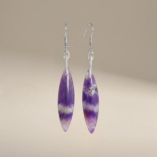 Bedrock Rose Chevron Amethyst Dangling Earrings, marquise-shaped natural amethyst stones with purple and white bands, silver-tone hooks.
