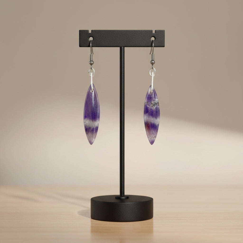 Bedrock Rose Chevron Amethyst Dangling Earrings, marquise-shaped purple and white natural stone, silver-tone hooks.