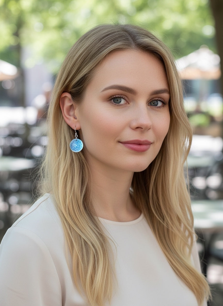 Bedrock Rose Vineyard Harvest circular dangle earrings featuring cobalt blue enamel over textured fine silver.
