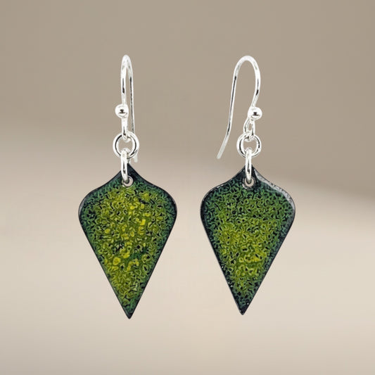 Bedrock Rose yellow and blue crackle enamel shield earrings on surgical steel wires with a textured copper finish.