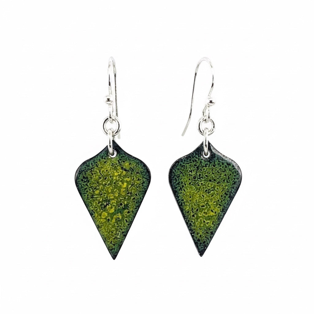 Bedrock Rose shield-shaped dangle earrings featuring a yellow and blue crackle enamel finish on hand-pressed copper.