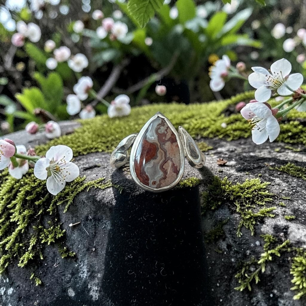 Bedrock Rose handcrafted sterling silver ring featuring a teardrop crazy lace agate stone with organic branch band.