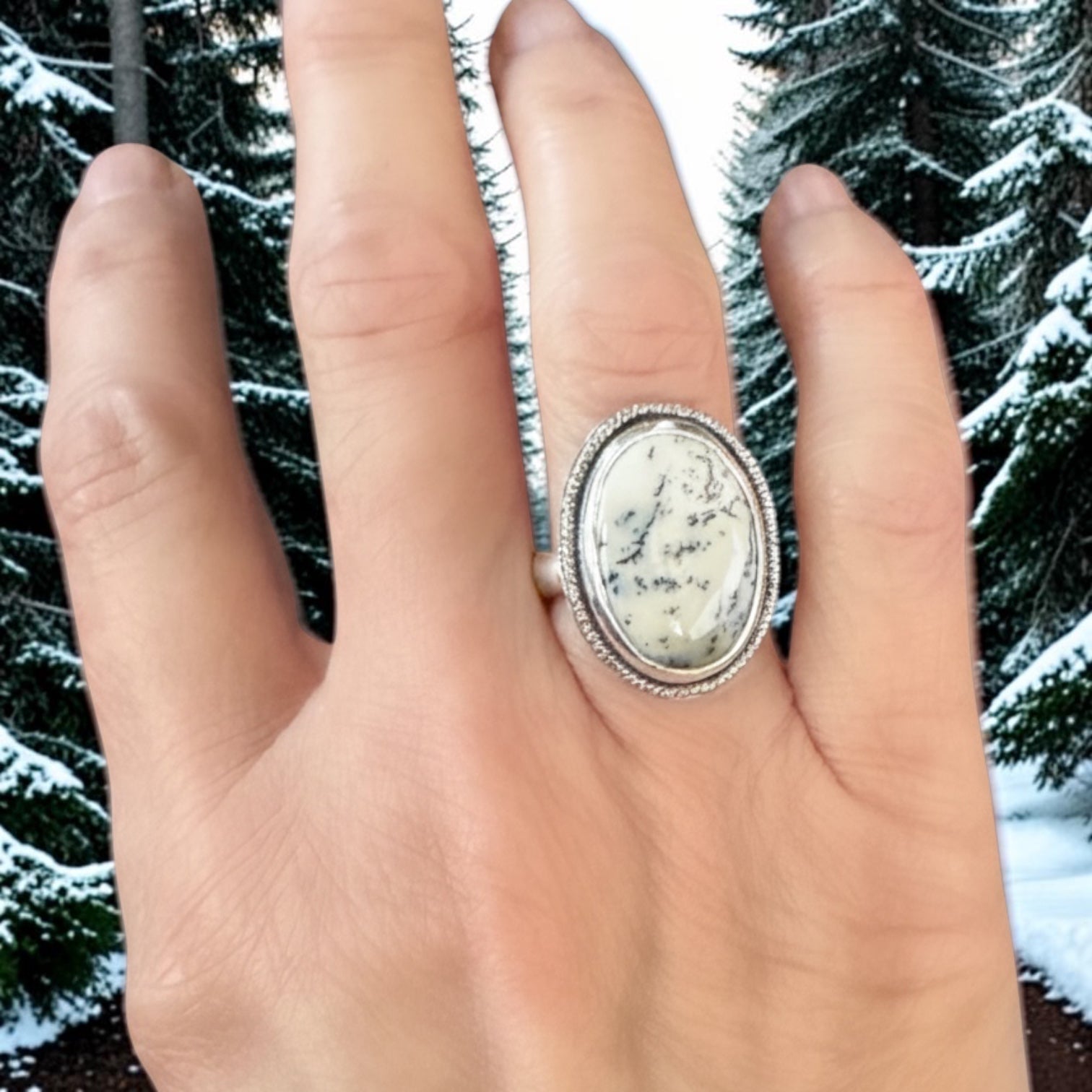 Dendritic agate, merlinite gemstone statement ring, white with black dendrites set in sterling silver, gift for her, statement ring