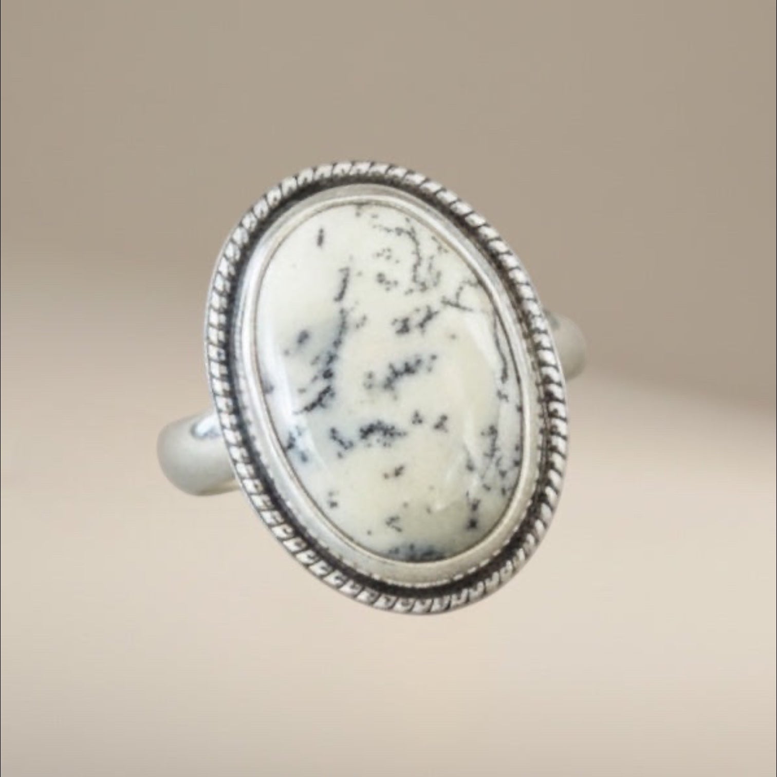 Bedrock Rose white dendritic opal statement ring with black dendrites in sterling silver, size 6.