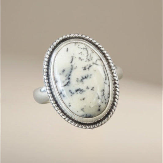 Bedrock Rose white dendritic opal statement ring with black dendrites in sterling silver, size 6.